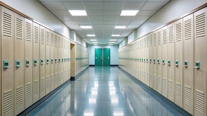 Wall Mural - Hallway with row of lockers, school, education, storage, hallway, lockers, compartments, metal, organized, institution