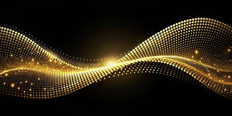 Wall Mural - Abstract shiny gold wave design element with dot grid and glitter effect on black background. Hologram black gold line dot curve