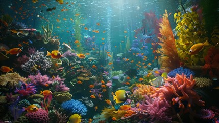 Imagine a vibrant coral reef background, teeming with colorful fish and underwater flora.