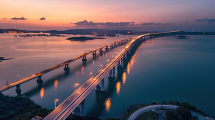 Wall Mural - Aerial view of a vast bridge spanning a bay at twilight