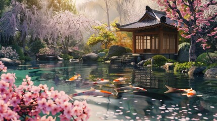 Wall Mural - Picture a serene Japanese garden background, complete with a koi pond, cherry blossoms, and a traditional tea house.