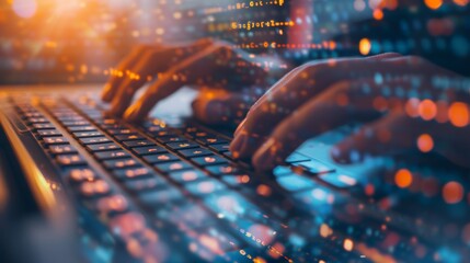 Aufkleber - Close-up of a programmer's hands typing on a keyboard with a blur of code in the background, conveying a sense of intensity and focus.