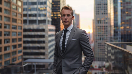 Wall Mural - Business professional in a sleek suit with a city backdrop