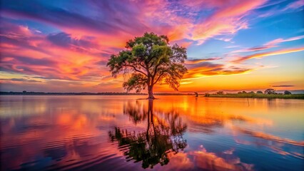 Wall Mural - Tree standing tall in river against vibrant pink orange sky, nature, tranquil, scenery, reflection, peaceful, landscape, river