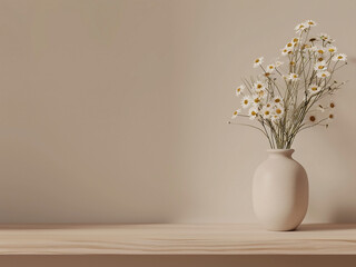 Poster - Modern Japandi-style interior showcases pottery vase with wildflowers on wooden table top