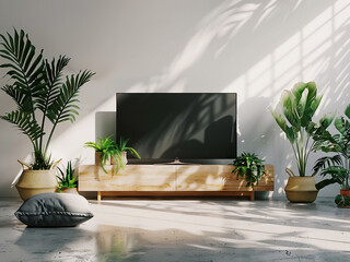 Wall Mural - Wooden TV stand, complemented by pillows and houseplants, against light wall