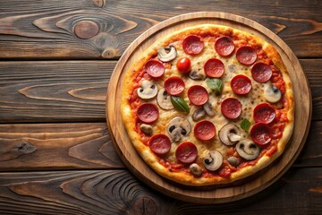 Wall Mural - Freshly baked pepperoni and mushroom pizza on a wooden board, pizza, food, Italian, delicious, meal, flat lay, top view