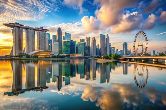of Singapore urban skyline with famous landmarks , Singapore, skyline, urban, landscape