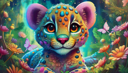oil painting style cartoon character illustration multicolored portrait cute leopard cub portrait.