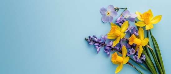 yellow and purple flowers arranged on a pastel blue background, evoking a springtime easter theme in