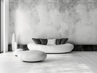 Wall Mural - Modern sofa, round pillows Minimalist interior, designer parquet