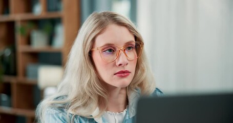 Fototapete - Face, woman and typing on computer in home for remote work, freelancer and research as journalist. Female person, pc and serious on internet or online for information, article and headline news