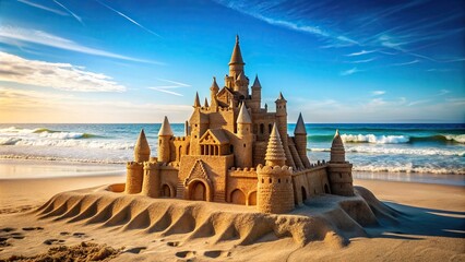 Poster - Enchanting sand castle with intricate design on a sunny beach , beach, sand, castle, structure, design, intricate, enchanting