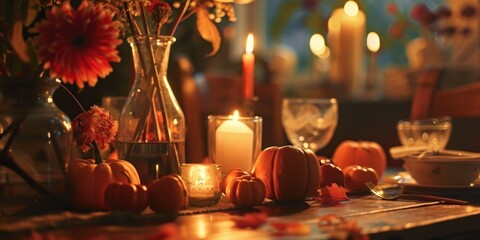 A beautifully set table with candles, flowers, and pumpkins for a spooky Halloween gathering