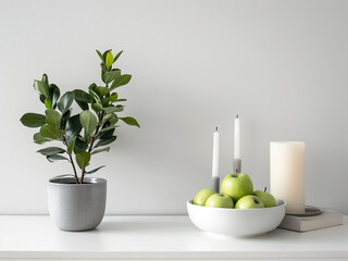 Wall Mural - Against a white wall, apples, candles, and a potted plant decorate a modern cupboard