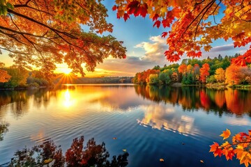 Wall Mural - Scenic autumn sunset over a tranquil lake with vibrant maple tree foliage in the background, landscape, autumn, fall