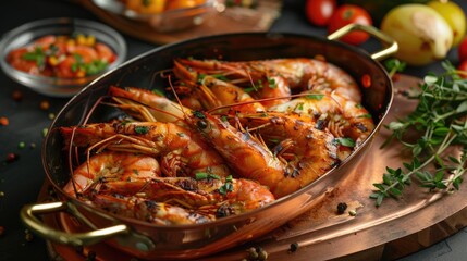 Wall Mural - Cooked shrimp on a wooden cutting board, great for food photography or recipe illustrations