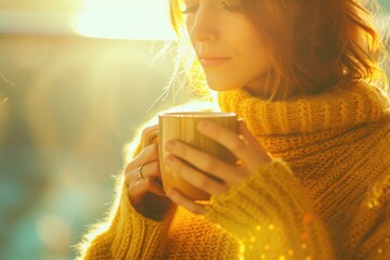 A woman wearing a yellow sweater holds a cup of coffee, a moment of relaxation