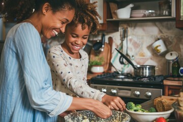 Mother-daughter duo preparing meal in kitchen