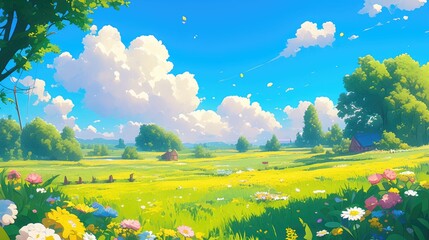 Wall Mural - 2d illustration depicting a charming spring landscape in a whimsical cartoon style featuring lush gr