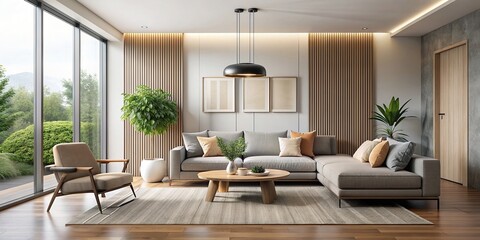 Wall Mural - Modern living room with minimalist design, sleek furniture, neutral colors, and natural light, modern