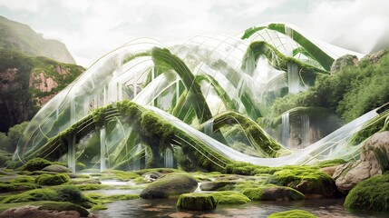 Canvas Print - A futuristic eco-restorative megastructure seamlessly blends with its lush surroundings