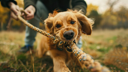 Wall Mural - Dog and owner playing tug-of-war with a rope toy