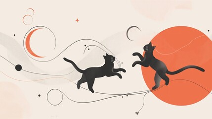 Naklejka na meble Minimalist vector art of playful black cats with crescent moon and orange orb in abstract background