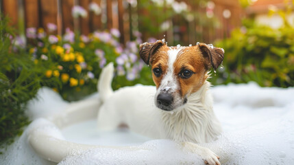 Wall Mural - Dog enjoying a bath in a home garden