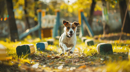 Wall Mural - Dog running through an agility course in a park