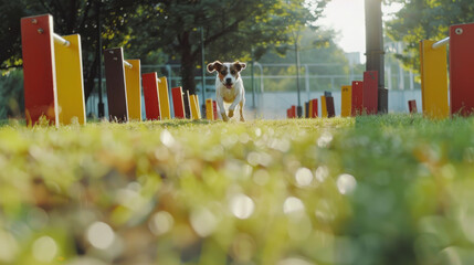 Wall Mural - Dog running through an agility course in a park