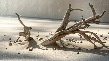 Poster - A weathered driftwood branch rests on a sandy beach, illuminated by soft sunlight