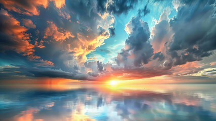 Wall Mural - Dramatic cloud formations over a tranquil ocean at sunrise