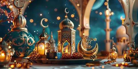 Beautifully decorated table with ornate lanterns and moon motifs for Eid al-Adha celebration. Festive decoration concept