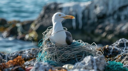 Wall Mural - Seabirds Entangled in Plastic: Show a seabird trapped in discarded fishing nets or plastic debris, struggling to free itself on a rocky coastline. 