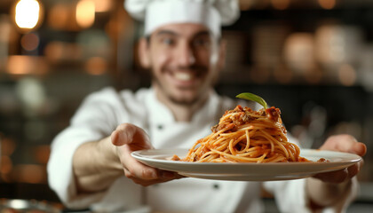 Chef holding traditional Italian spaghetti