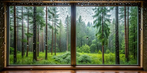 Wall Mural - Rainy forest view through window, forest, rain, window, nature, view, tranquil, scenery, trees, fresh, wet, green
