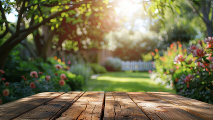 Wall Mural - Wooden table with a beautiful outdoor garden background under sunlight