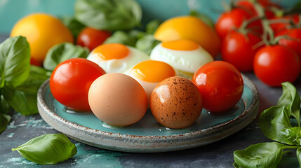 Wall Mural - Fresh and Vibrant Still Life of Eggs and Tomatoes with Basil Leaves on a Ceramic Plate