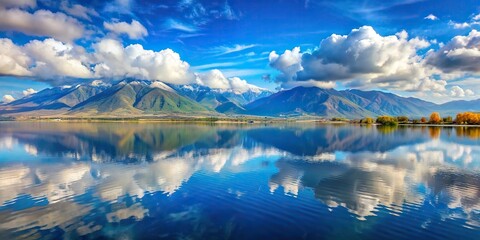 Wall Mural - Waterfront view of picturesque mountains reflecting in Kerkini lake under a blue sky with fluffy clouds, waterfront