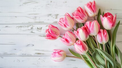 Wall Mural - Fresh pink tulips in a beautiful bouquet on a white wooden table from above Text space available