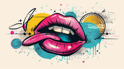 Canvas Print - Vibrant pop art style illustration of a mouth with a protruding tongue and abstract elements