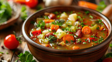 Wall Mural - Freshly made vegetable soup with herbs and spices