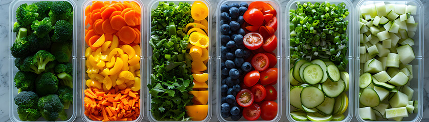 Wall Mural - Freshly Chopped Vegetables and Fruits in Transparent Containers - Healthy Meal Prep Ingredients for a Balanced Diet