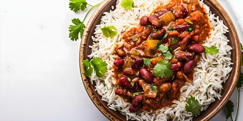 Canvas Print - Delicious Indian Rajma Kidney Bean Curry with Rice on White Background. Concept Food Photography, Indian Cuisine, Rajma Curry, Rice Dish, White Background