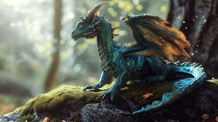 Wall Mural - Cute baby dragon stand resting with its wings folded in a foggy forest.