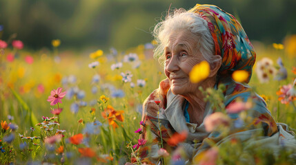 A joyful elderly woman enjoying a picnic in a meadow filled with wildflowers.