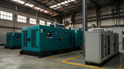 Generator room with two generators in factory standby for power backup, Diesel generator