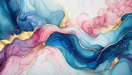 Wall Mural - Marble ink abstract art background. Luxury abstract fluid art painting in alcohol ink technique, mixture of blue, pink and gold paints. AI generative