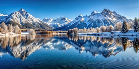 Wall Mural - Mountains reflected in the lake, creating a stunning winter landscape, mountains, reflected, lake, digital painting, canvas
